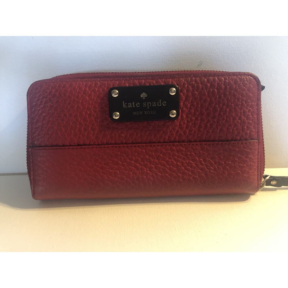 Kate Spade New York Womens Red Leather Zip Around Black Tag 3 Dividers Large